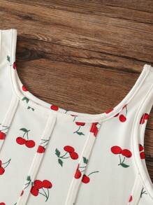 2pcs Teen Girl& Teen Girl Cherry Print Denim Shorts + Vest Tops Suits, Cute Vacation Set