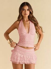 SHEIN BAE 女式圆点修身V领无袖背心 - 珊瑚粉 - 查看 8