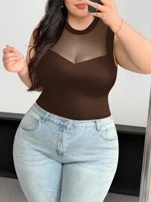 Vibekara Plus Size Mesh Sheer Sexy Net Patchwork Black Top T-Shirt - Brown - View 6