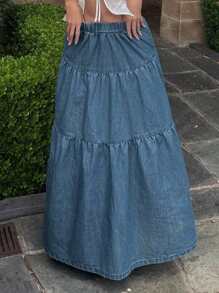 DAZY 女士弹力腰带多层荷叶边休闲牛仔中长裙 - 藍色 - 查看 3