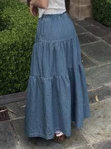 DAZY 女士弹力腰带多层荷叶边休闲牛仔中长裙 - 藍色 - 查看 6