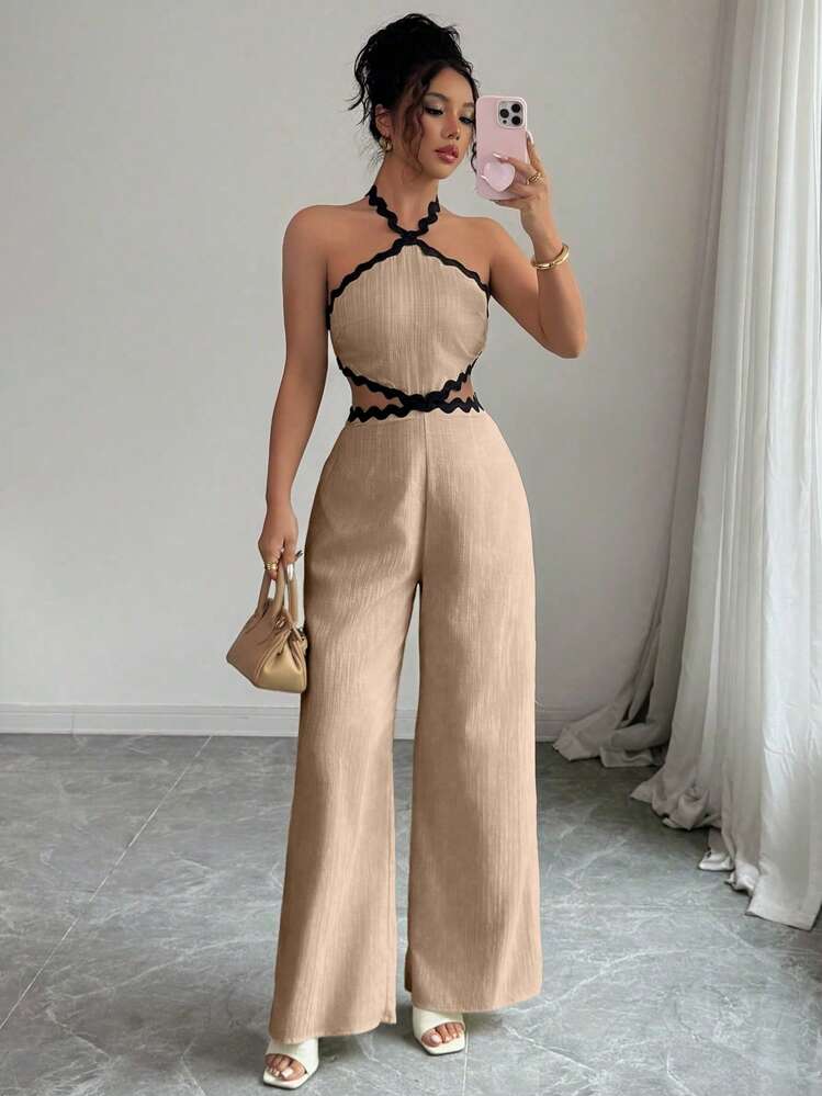 Selianne Monos de moda para mujer con diseño de empalme, textura de volantes ondulados y diseño calado - Caqui - Añade 5