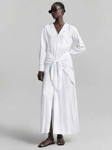 Ontre White Autumn Effortless Chic Elegant Vacation Women V-Neck Drop Shoulder Long Sleeve Waist Tie Casual Versatile Maxi Dress For Daily Easter Wedding - White - View 3