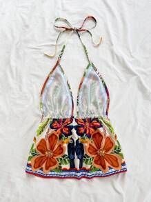 Soleia Áo ba lỗ hở lưng in họa tiết cây dừa và lá cọ nhiệt đới dành cho nữ, thường ngày cho ngày lễ, trà chiều, tiệc tùng, bãi biển, kỳ nghỉ xuân/hè, du ngoạn, lễ hội âm nhạc, phong cách Boho - Nhiều màu - Xem 2