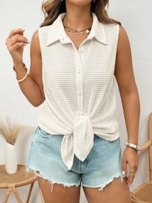 Flirla Plus Size Women Twist Knot Decor Single Button Casual Sleeveless Shirt, Summer - Apricot - View 6