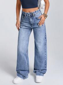 EURMUSE Pantalones vaqueros rectos de ajuste relajado y lavados, para uso casual de todos los días - Azul lavado medio - Ver 7