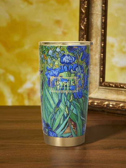 SHEIN Touch of Art 20 Oz / 600 Ml IRISES Printed Stainless Steel Flat Bottom Insulated Cup With Cup Lid,Vincent Van Gogh,Summer Outfits, Spring Outfits,Beach, Vacation, Flower