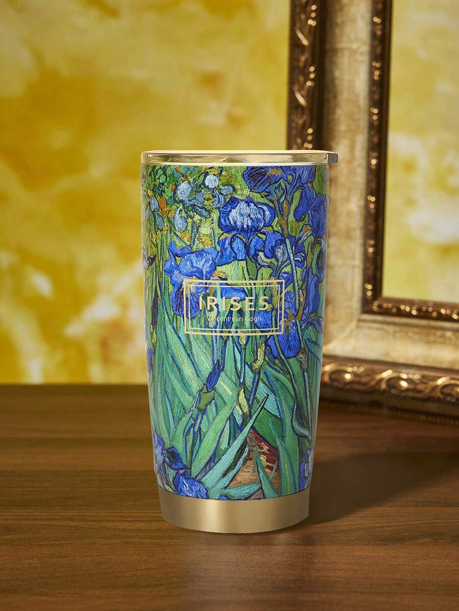 SHEIN Touch of Art 20 Oz / 600 Ml IRISES Printed Stainless Steel Flat Bottom Insulated Cup With Cup Lid,Vincent Van Gogh,Summer Outfits, Spring Outfits,Beach, Vacation, Flower - Multicolor - View 1