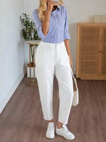 EMERY ROSE 女式口袋喇叭裤休闲七分裤长牛仔裤 - 白色 - 查看 3