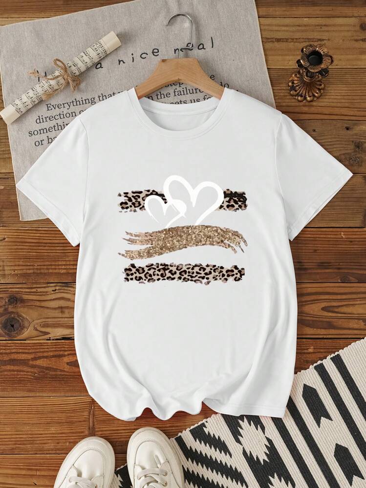 Selamara Leopard Print Heart Sequins White Casual Women's T Shirt - White - View 3
