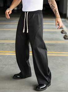 Manfinity EMRG Men's Black Pants, Deconstructed Split Knife Leg Casual Pants, Comfortable Relaxed Fit - Black - View 2