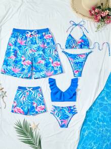 Young Girl Tropical Rainforest Leaf & Flamingo Print Ruffle Trim Bikini Set, Family Matching Outfits Mommy And Me (4 Sets Sold Separately) - Multicolor - View 1