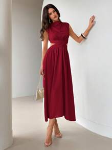 Aloruh 女士薄荷绿褶皱针织连衣裙，春夏 - 酒紅色 - 查看 4