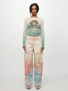 SUMWON WOMEN Áo thun tay dài co giãn lưới cắt cúp nhẹ họa tiết cây cọ Santa Monica cho kỳ nghỉ hè tại khu nghỉ dưỡng bãi biển - Màu xanh Bạc hà - Xem 3