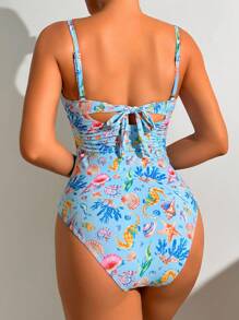 Swim DD+ 2 件套夏季海洋花卉印花珍珠肩带聚拢钢圈连体泳衣，海滩度假