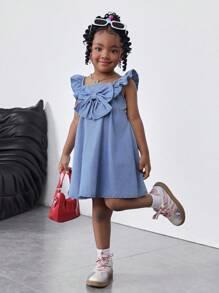 SHEIN Rochie scurtă drăguță din denim albastru pentru fete tinere, cu decorațiuni cu funde mari pe față și mâneci cu frunze de lotus, ținută boho casual de primăvară și vară, pentru vacanță la țară - Spălare ușoară - Vizualizare 3