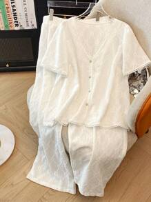 SHEIN LUNE 大码优雅提花针织蕾丝边休闲通勤夹克和裤子套装，适合白天、派对和夏季穿着 - 杏色 - 查看 1