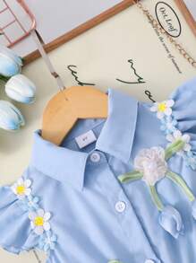 Robe d'été à col fleur 3D et manches courtes, mignonne pour jeune fille