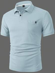 Manfinity Homme 男士夏季休闲拼布口袋短袖 Polo 衫浅灰色男士贴袋 Polo 衫，适合商务通勤，短袖常规版型 Polo 衫，浅灰色面料，适合办公室风格，男士 Polo 衫，老钱风格 - 淺灰色 - 查看 3