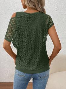 SHEIN LUNE Women's Lace Patchwork Oblique Shoulder Blouse - Army Green - View 2