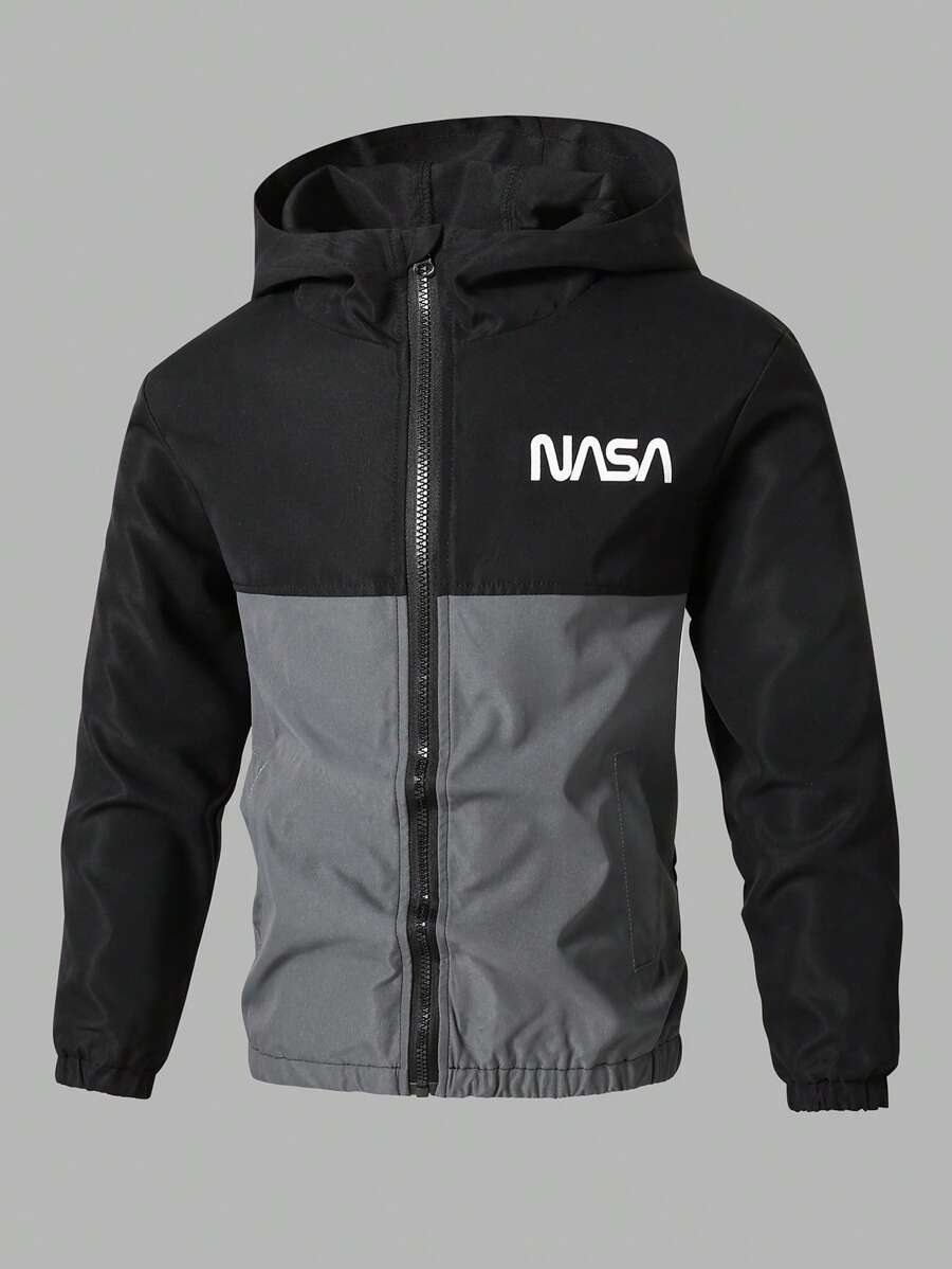 1pc Boys' Hooded Jacket With Patchwork Print, Black & Grey Combination, Versatile Design Suitable For School, Casual Outdoor Wear, Fashionable & Comfortable For All Occasions,Back To School Chic Outfits For Autumn/Winter Boys Windbreaker Jacket Fall - Black - View 1