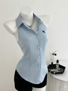 Elamini Áo cánh không tay thêu ôm vừa vặn màu trắng, Xuân/Hè - Màu xanh lam - Xem 6