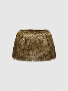 ROMWE Grunge Punk Y2K Baddie Faux Fur Cropped Mini Skirt, Super Low Waist - Brown - View 1