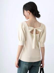 SHEIN Unity Tops de punto de manga corta abullonada con cuello redondo en color albaricoque para mujer, suéteres de otoño para mujeres, para la escuela, profesoras, vuelta al cole - Albaricoque - Ver 2