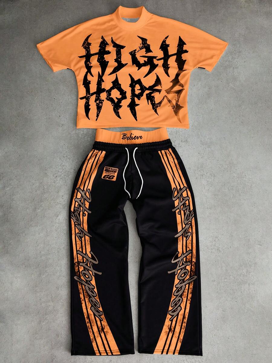 PAVTROS 男士街头时尚品牌破洞T恤和裤子两件套 - 彩色 - 查看 1