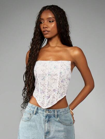 MISSGUIDED 花卉孔眼紧身胸衣短款上衣紧身胸衣夏季节日露肩结构衬衫派对庆典时尚