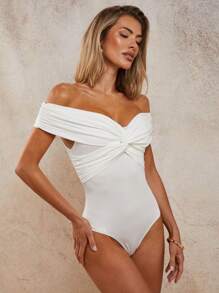 COSMINA Women's Fashion Off-Shoulder Button Ruched Bodysuit, Summer