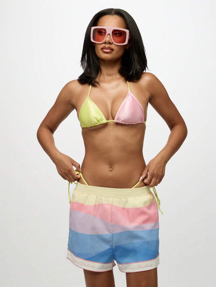 SUMWON WOMEN Rainbow Print High Waisted Drawstring Pull On Shorts