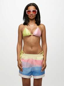 SUMWON WOMEN Pull On Beach Shorts Summer Festival Rainbow Print Board Shorts Resort Wear High Waisted Drawstring Swim Cover Up - Multicolor - View 5