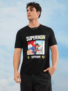 SUPERMAN 2025 男士休闲街头卡通英雄与字母图案黑色短袖 T 恤，夏季图案 T 恤男士图案 T 恤男士黑色图案 T 恤