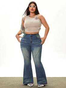 Rina Fox Jeans de mezclilla elásticos de mediablanche de estilo callejero para mujer de talla grande - Azul lavado medio - Ver 3