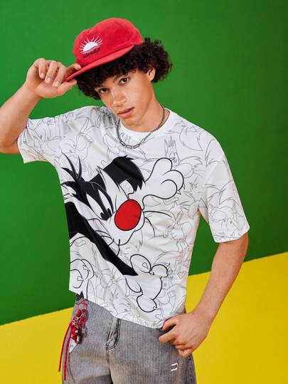 LOONEY TUNES X SHEIN 大码男士休闲宽松卡通印花落肩短袖 T 恤，夏季