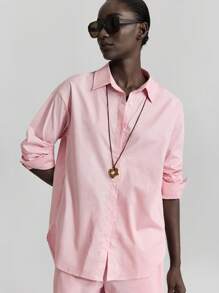 Ontre 现代都市风格，极简舒适风格，粉色，女式两件套，长裤，真口袋，翻领，长袖衬衫，松紧腰，长裤，日常穿着，通勤穿着，休闲穿着，商务休闲装，2025年新品，初秋 - 粉色 - 查看 5