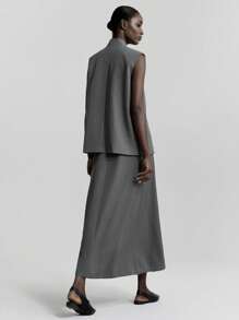 Ontre Conjunto de traje gris oscuro de estilo urbano con tela resistente a las arrugas que incluye blazer, chaleco y minifalda, atuendo de oficina casual, corte suelto
