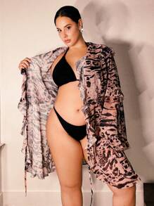 SHEIN Swim كيمونو أكبر من المقاس، أكمام طويلة، طباعة عشوائية، موضة مثالية للتغطية - متعدد الألوان - مشاهدة 4