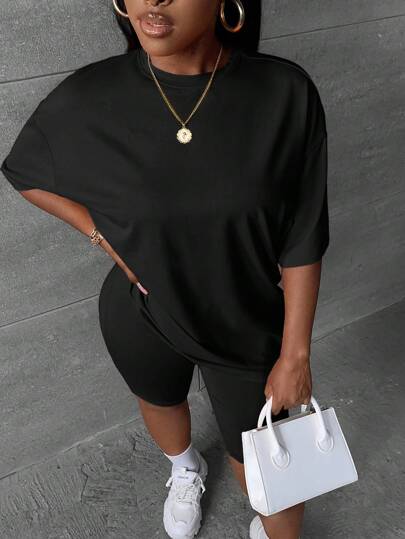 Slaydiva Casual Minimalist Solid Olive Green Plus Size 2 Pieces Set, Suitable For Summer