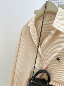 INAWLY 大码休闲通勤日常条纹长袖T恤 - 卡其色 - 查看 6