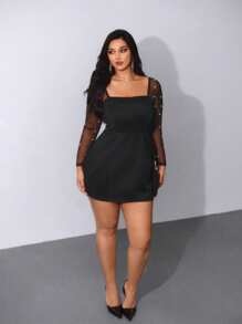 Viva Relle Plus Size Women's Square Neck Long Sleeve Mesh Pearl Sheer Vintage Elegant Casual Vacation Party Wedding Short Dress - Black - View 3