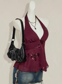 SHEIN ICON 女士时尚休闲露背串珠挂脖背心 - 酒紅色 - 查看 6