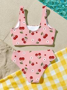 Cherry Girl 迷你樱桃印花可爱少女休闲吊带背心和三角比基尼泳装套装，适合夏季、度假、海滩周末、可爱夏季服装、夏季儿童用品、蝴蝶、韩式、海滩模式、夏季出游用品