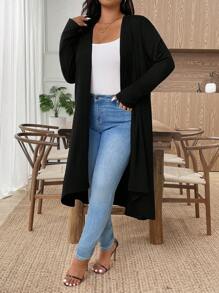 EMERY ROSE 大码女式纯色薄款长袖开衫披肩 - 黑色 - 查看 5