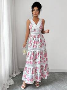 Elenzga 女士花卉印花撞色蕾丝无袖度假连衣裙（图案随机剪裁）