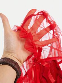 SHEIN 青少年女孩撞色网眼喇叭袖蝴蝶结纯色 A 字连衣裙，适合返校季日常穿着、休闲场合、优雅派对、生日派对 - 紅色 - 查看 4