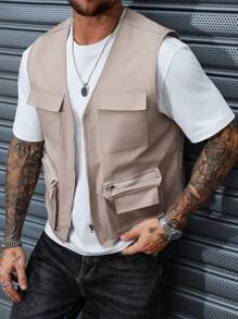 Manfinity Homme Men's Flip-Pocket Vest, Casual Street Outing Running Vest, For Fall - Brown - View 6