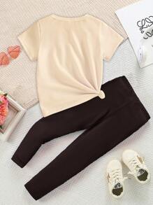 SHEIN 1 set Conjunto informal de niña con camiseta de manga corta con cuello redondo y estampado de oso y letras, y leggings, conjunto de ropa cómoda para primavera/verano, conjunto de ropa para bebé niña con camiseta estampada de oso de peluche y leggings, conjunto de top gráfico lindo - Multicolor - Ver 2