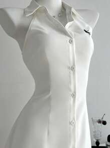 Elamini Vestido mini acampanado sin mangas con bordados, ajuste slim, para primavera/verano - Blanco - Ver 5